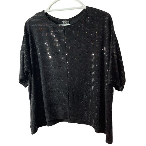 Clara Sun Woo Top Womens Sz S Knit Sparkle Black Boxy Short Sleeve Nice!  USA - Picture 1 of 6